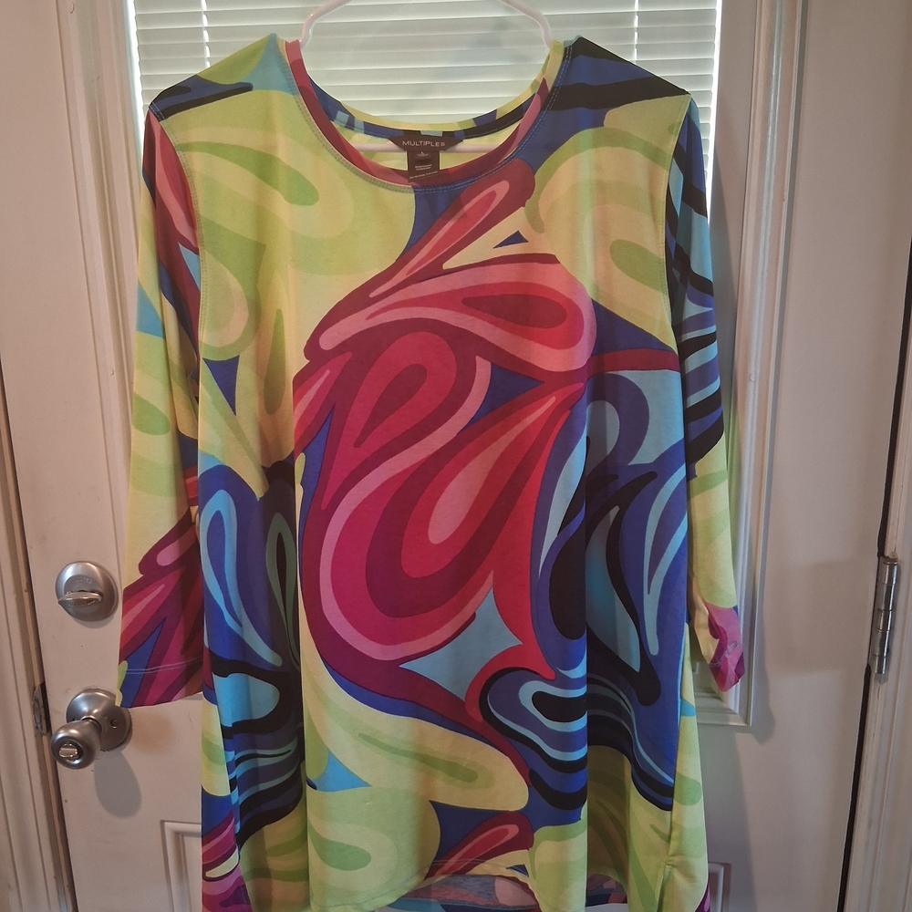 Multiples Multicolor Abstract Swirl Long Sleeve Tunic